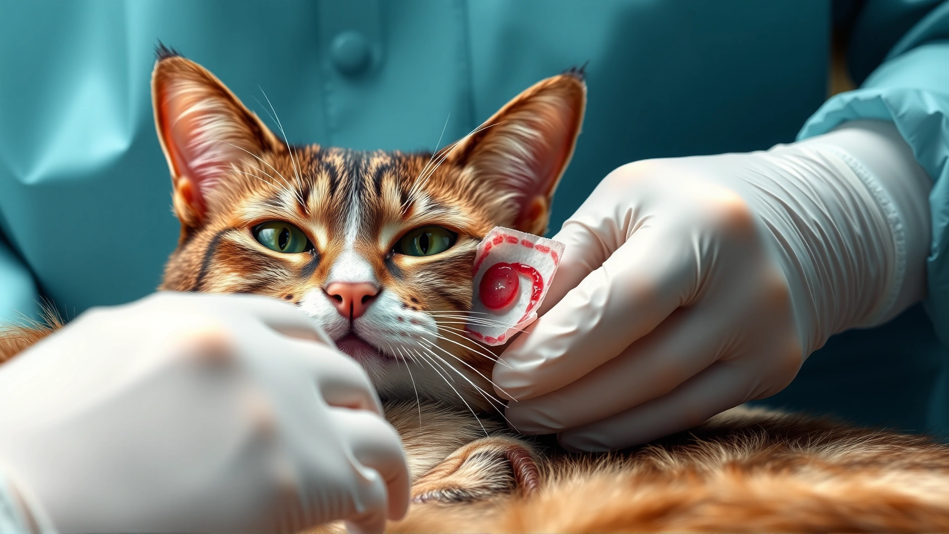 Sterile operating room scene showing a cat under anesthesia with the surgeon’s gloved hands gently removing a tissue sample.