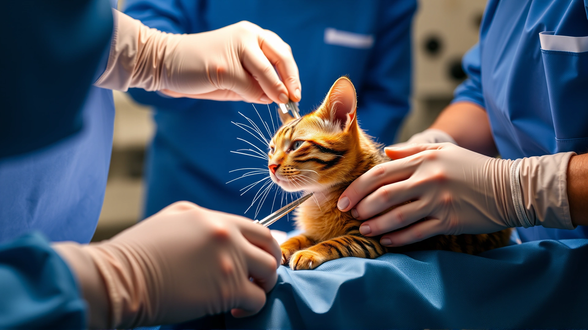 Veterinary surgical team performing thoracic surgery on a cat under anesthesia in a sterile operating room