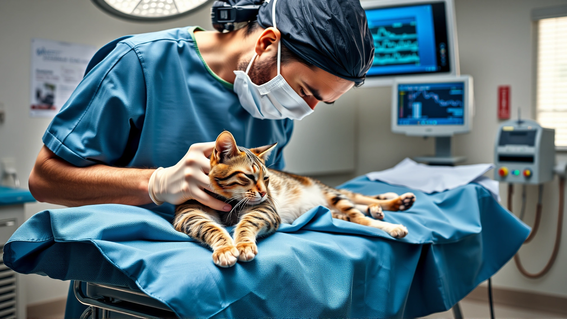 Veterinarian wearing surgical scrubs gently positioning an anesthetized cat on an operating table in a sterile clinic environment, no visible text or monitors showing data.