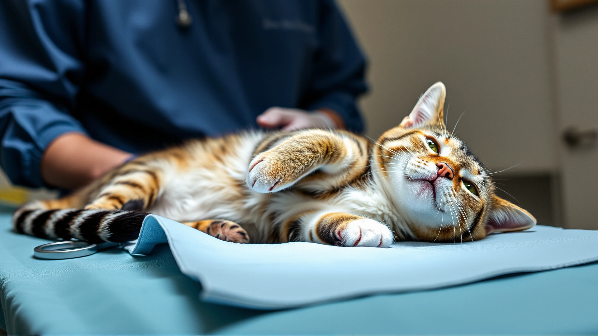 Cat under general anesthesia on a sterile surgical table while a veterinarian prepares instruments, focus on neck region.