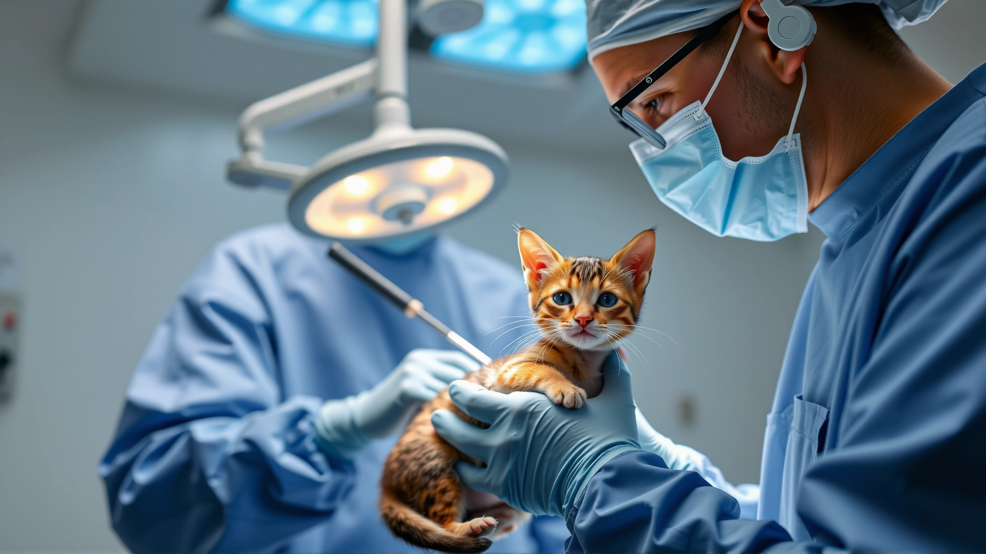 Bright operating theater scene with a veterinary surgeon wearing gloves and mask performing surgery on a small cat, focus on sterile field and surgical instruments, no text