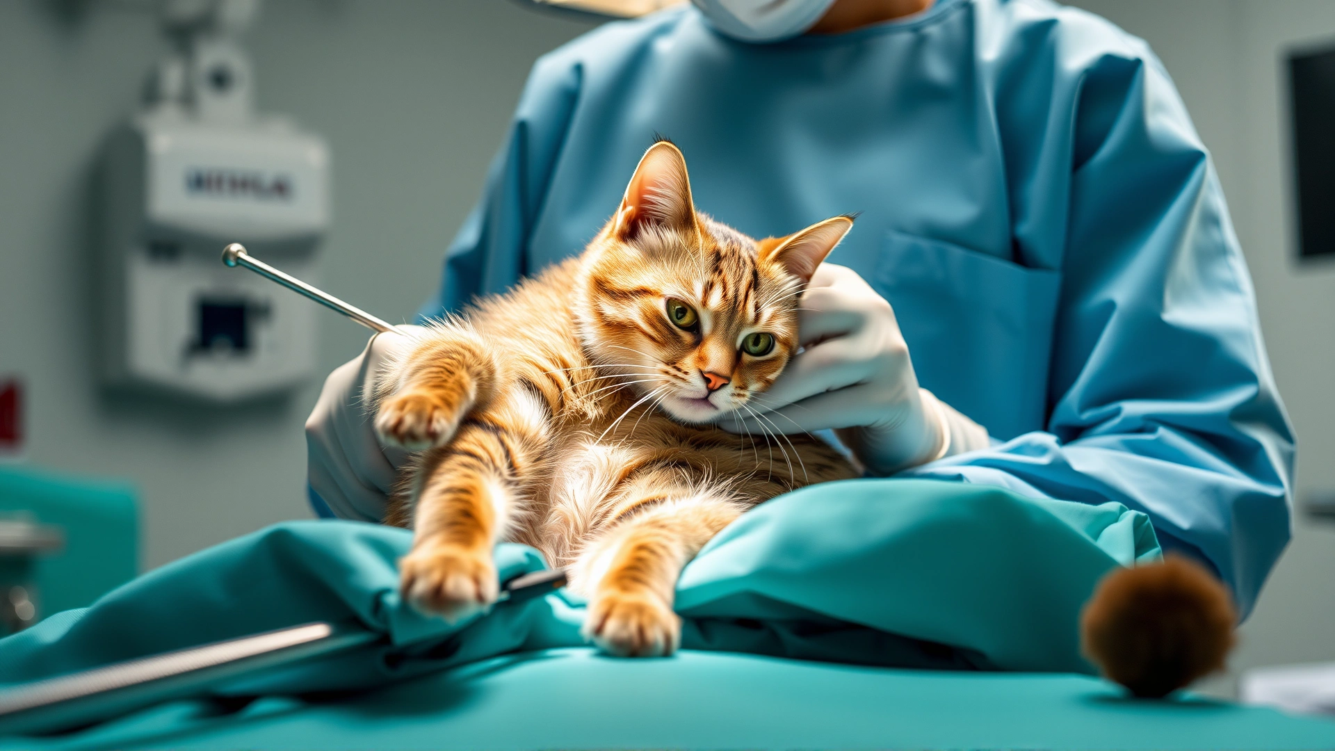 Veterinary surgeon wearing sterile gloves performing abdominal surgery on a cat in a well-lit operating theater.