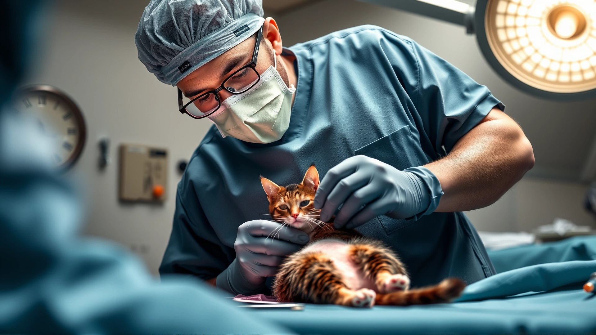 Veterinary surgeon in scrubs performing abdominal surgery on a cat in a sterile operating room.
