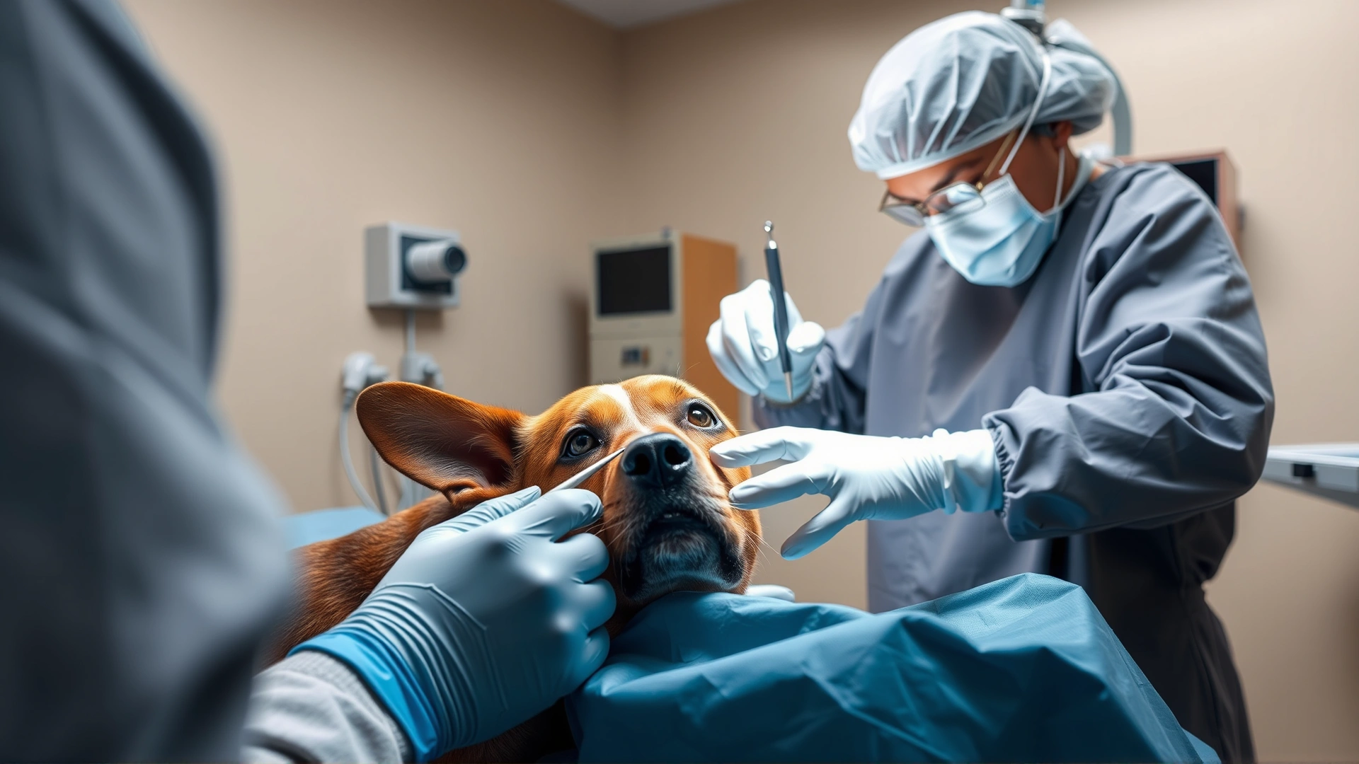 Operating room scene where a veterinary surgeon in full sterile attire performs delicate eyelid surgery on a sedated dog, sterile instruments visible