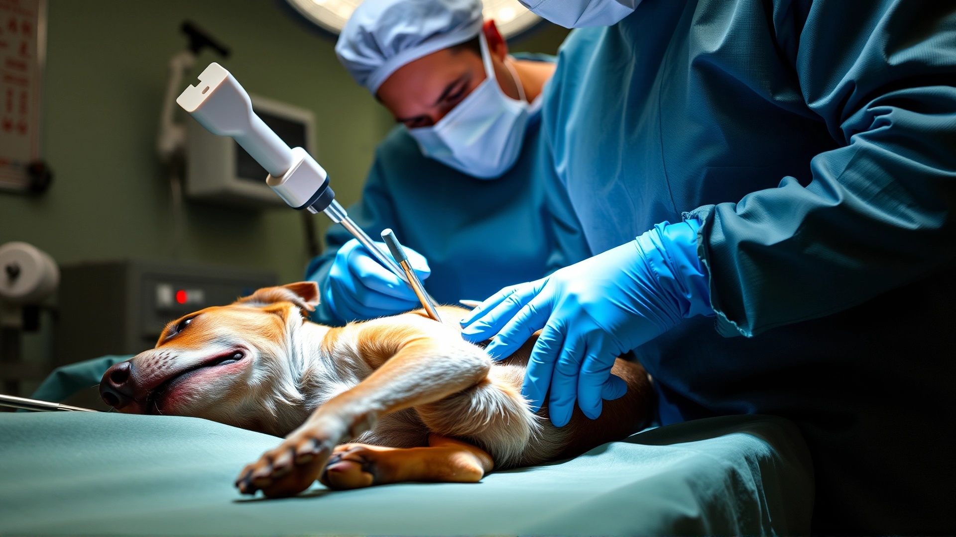 Close-up of a veterinary surgeon performing abdominal surgery on a dog in a sterile operating theatre, with surgical instruments and drapes visible