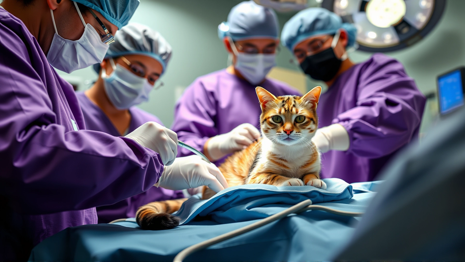 Clinical photo of a surgical team wearing scrubs preparing a cat on the operating table for catheter extraction, focus on sterile environment.