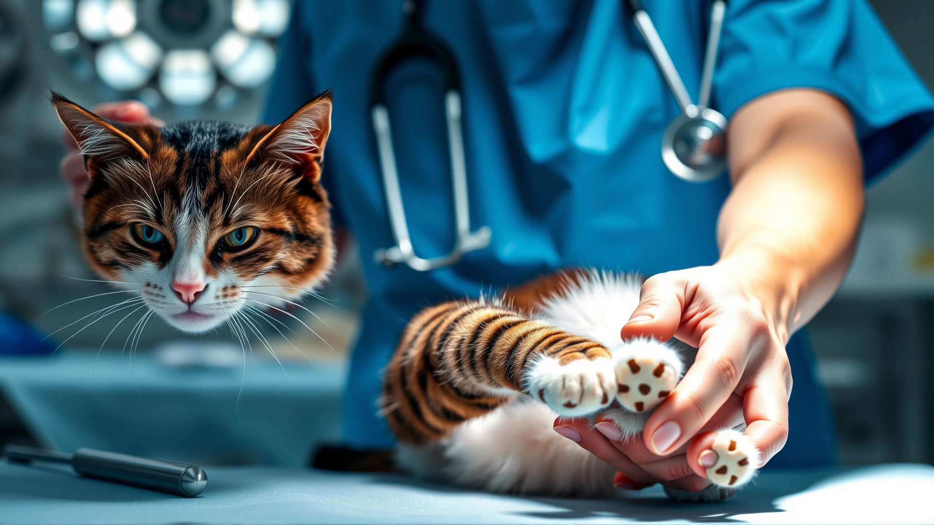 Illustrative photo of a veterinarian in surgical scrubs gently holding a cat’s paw on an operating table, soft focus on sterile instruments in the background