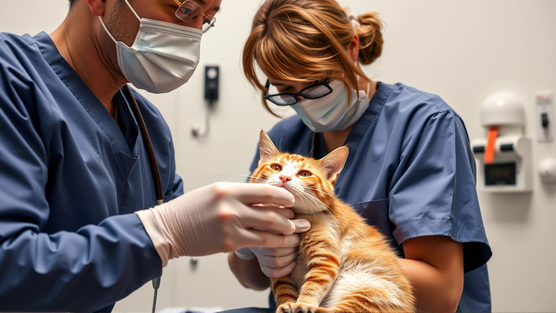 Veterinarian in scrubs performing a neuter surgery on a cat inside a sterile clinic setting.