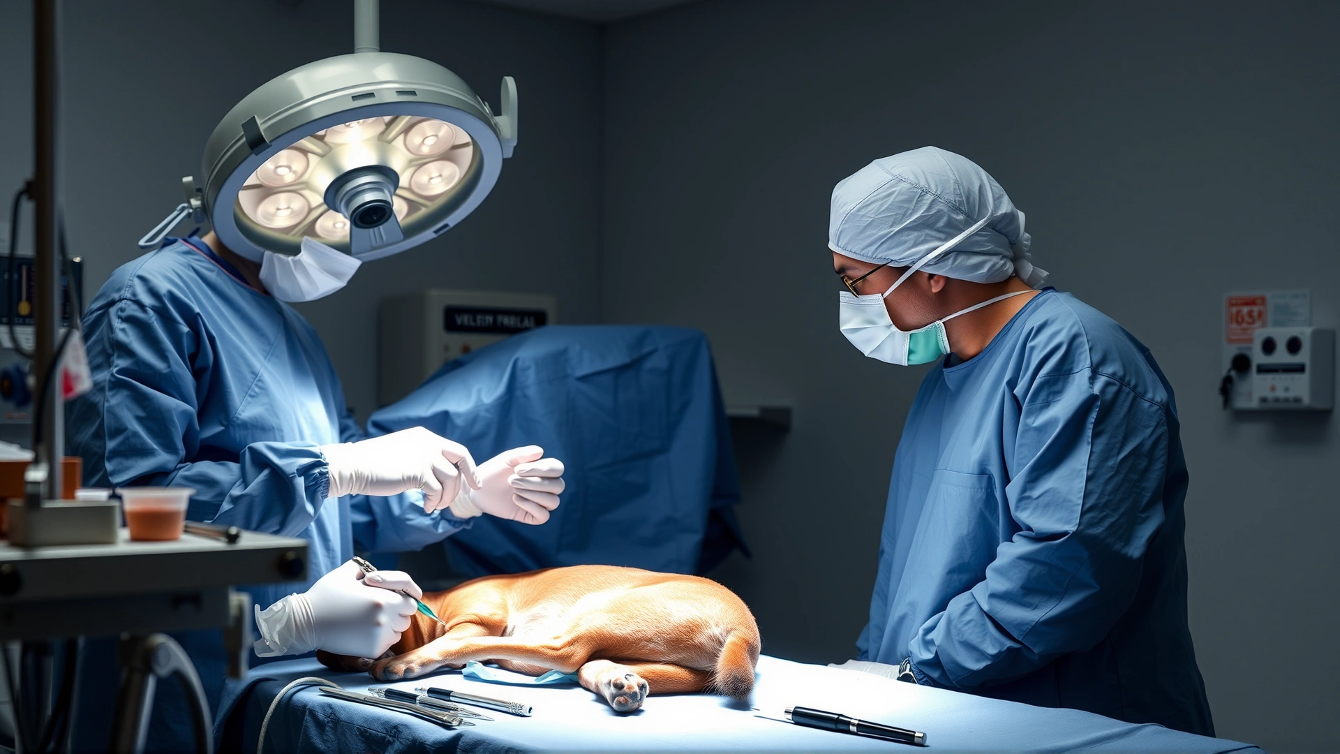 Sterile veterinary operating room with surgeon and assistant removing a tumor from a dog's hind leg, surgical drapes and instruments visible, no text.