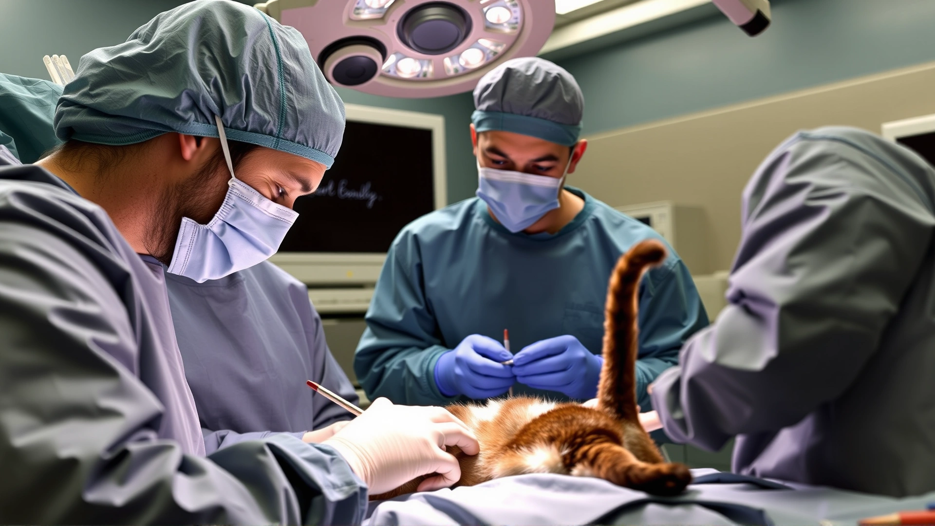 Veterinary surgical team performing a sterile tail amputation procedure on a cat in an operating room, focus on surgical preparation without showing graphic content.
