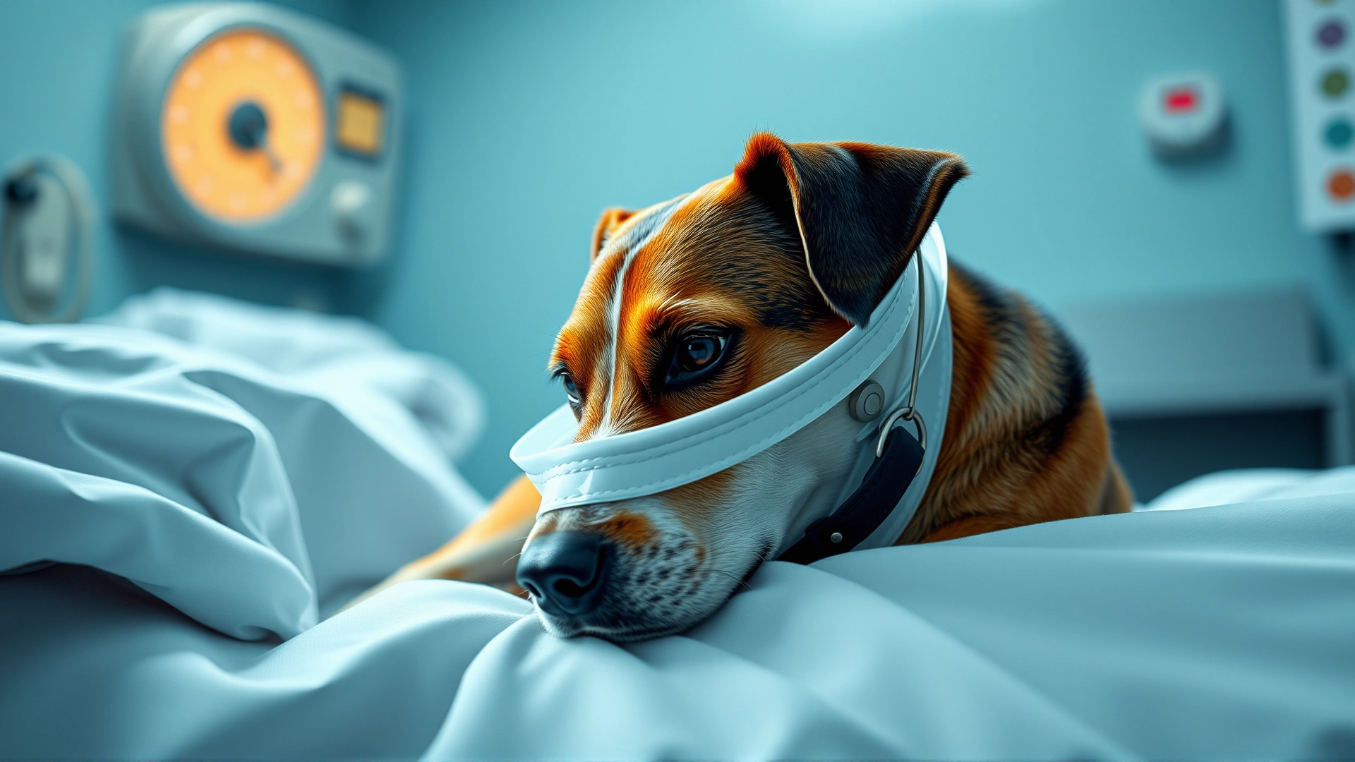 A dog wearing an Elizabethan collar resting on soft bedding post-surgery in a veterinary ward, with gentle lighting