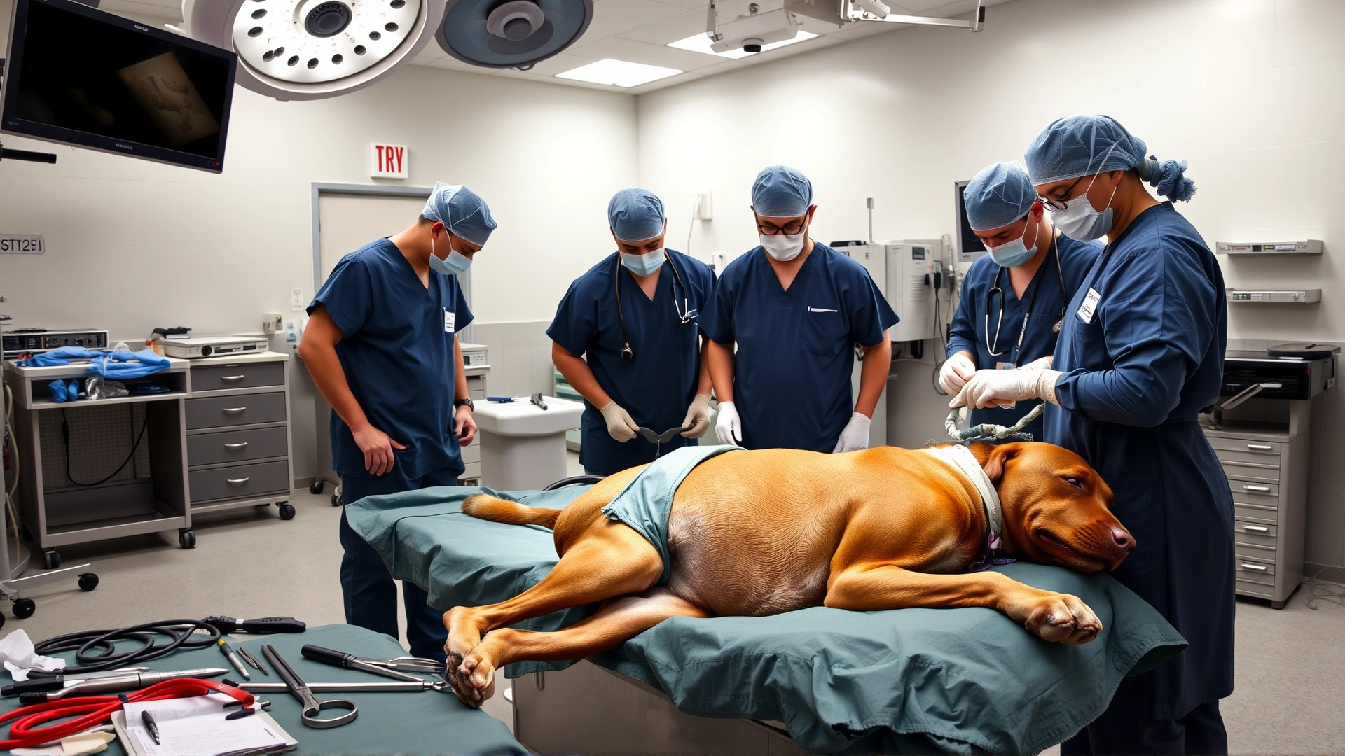 Veterinarian and surgical team in a sterile operating room preparing a large dog for orthopedic hip surgery, instruments visible, no text.