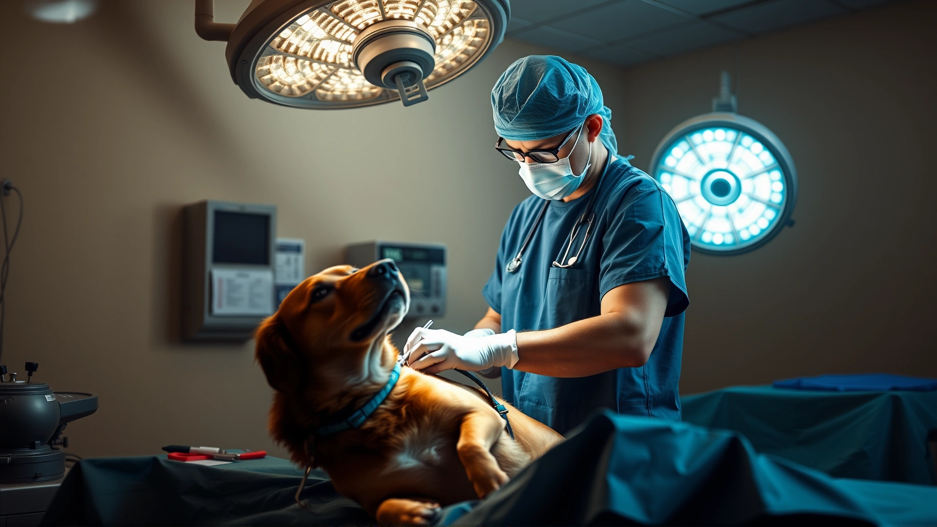 Veterinarian in surgical scrubs performing a delicate operation on a dog in a well-equipped operating room, dramatic surgical lighting