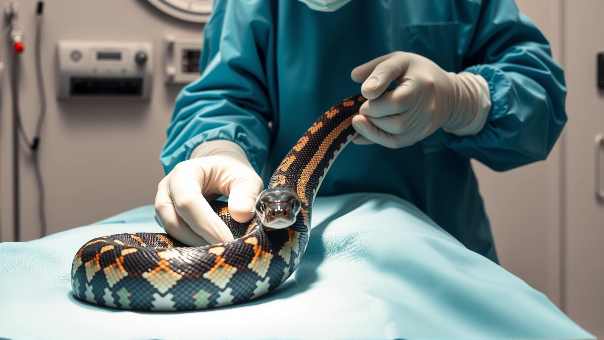 Clean veterinary surgery room with a snake under anesthesia on the operating table, surgeon’s gloved hands visible, sterile environment, no text