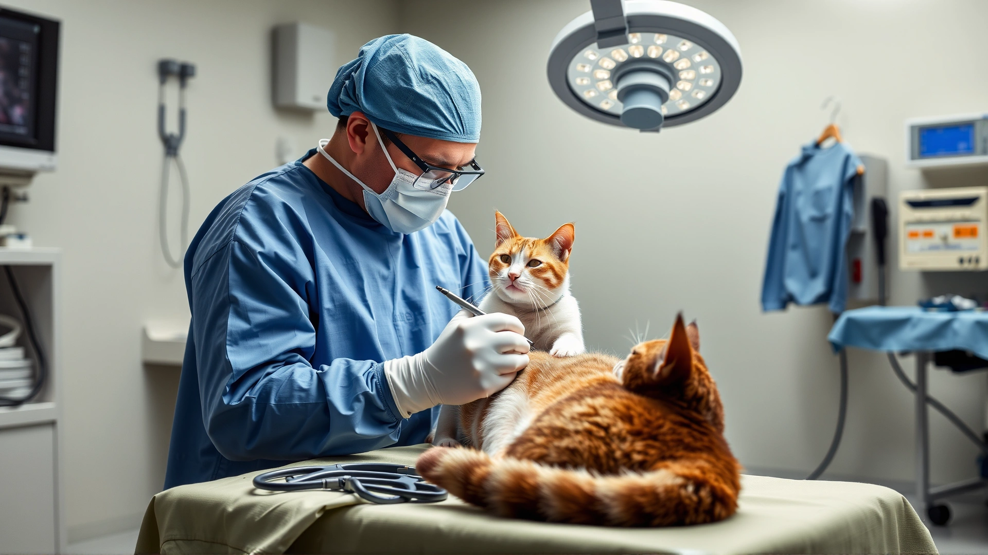 Operating room scene showing a veterinary surgeon and assistant performing abdominal surgery on a cat (no visible blood, clean and clinical).