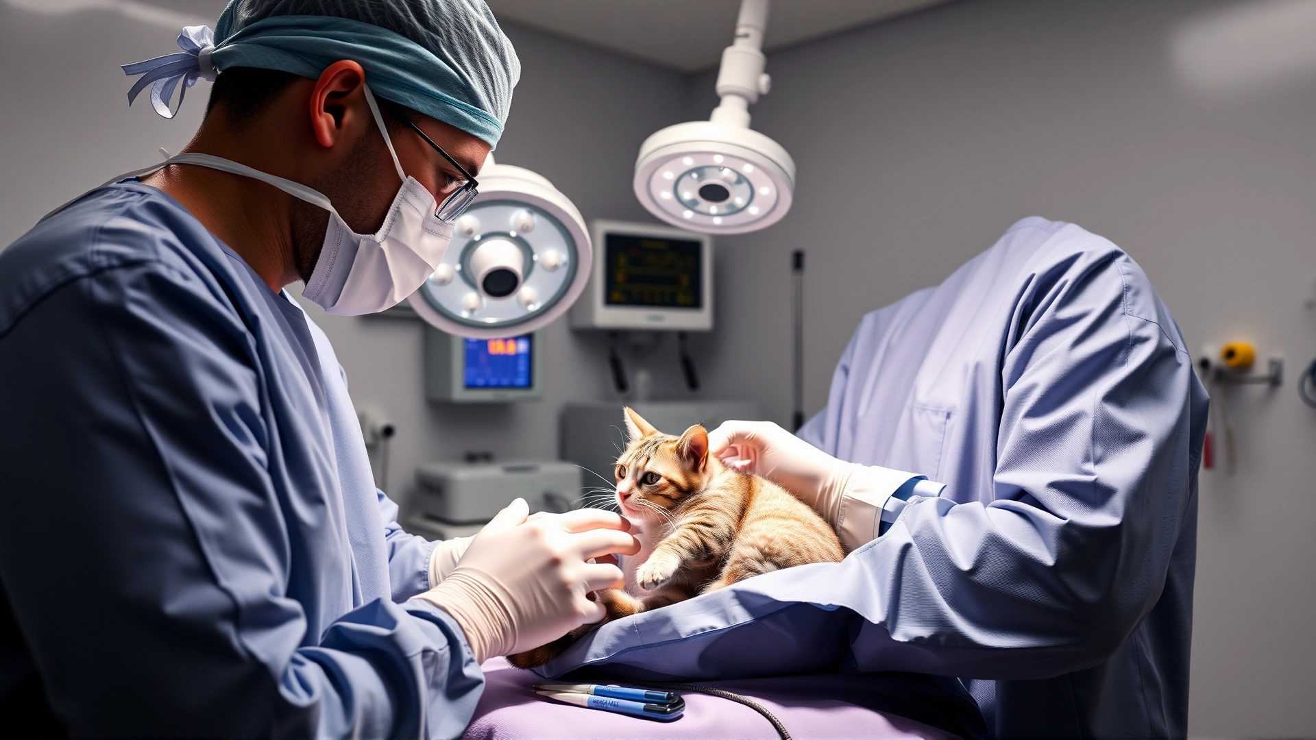 Clean veterinary operating room where a surgeon in scrubs is performing abdominal surgery on a cat, minimal graphic detail.