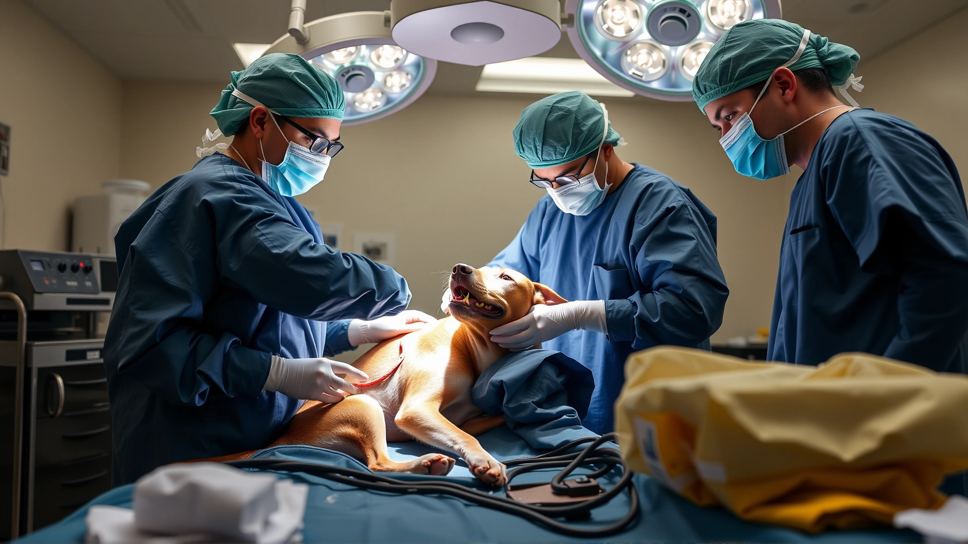 Operating room scene with a veterinary surgical team performing a cystotomy on a dog under general anesthesia, minimal visible surgical field and no gore.