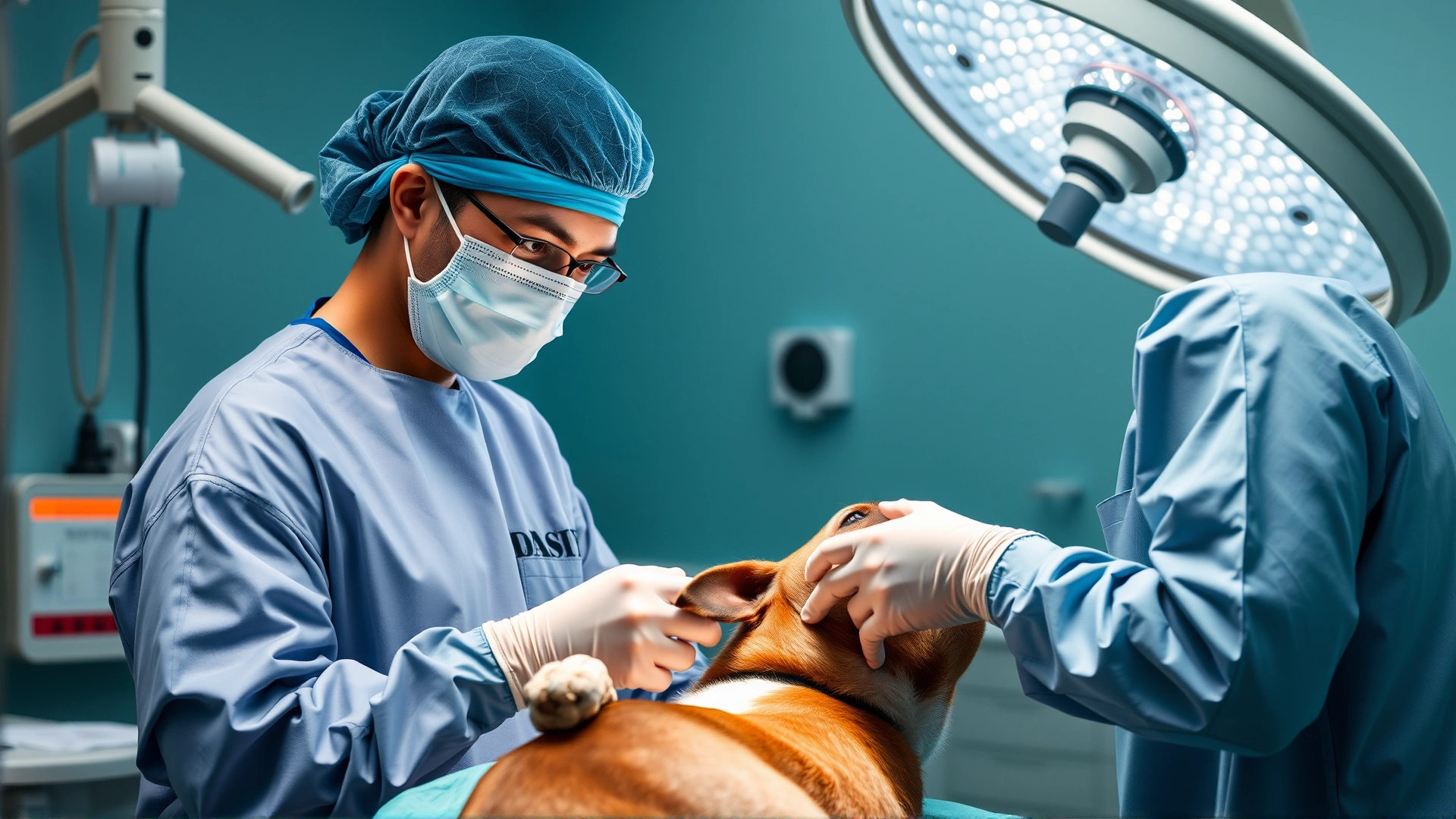 Veterinarian in full surgical scrubs and mask performing an operation on a dog in a sterile operating theater.