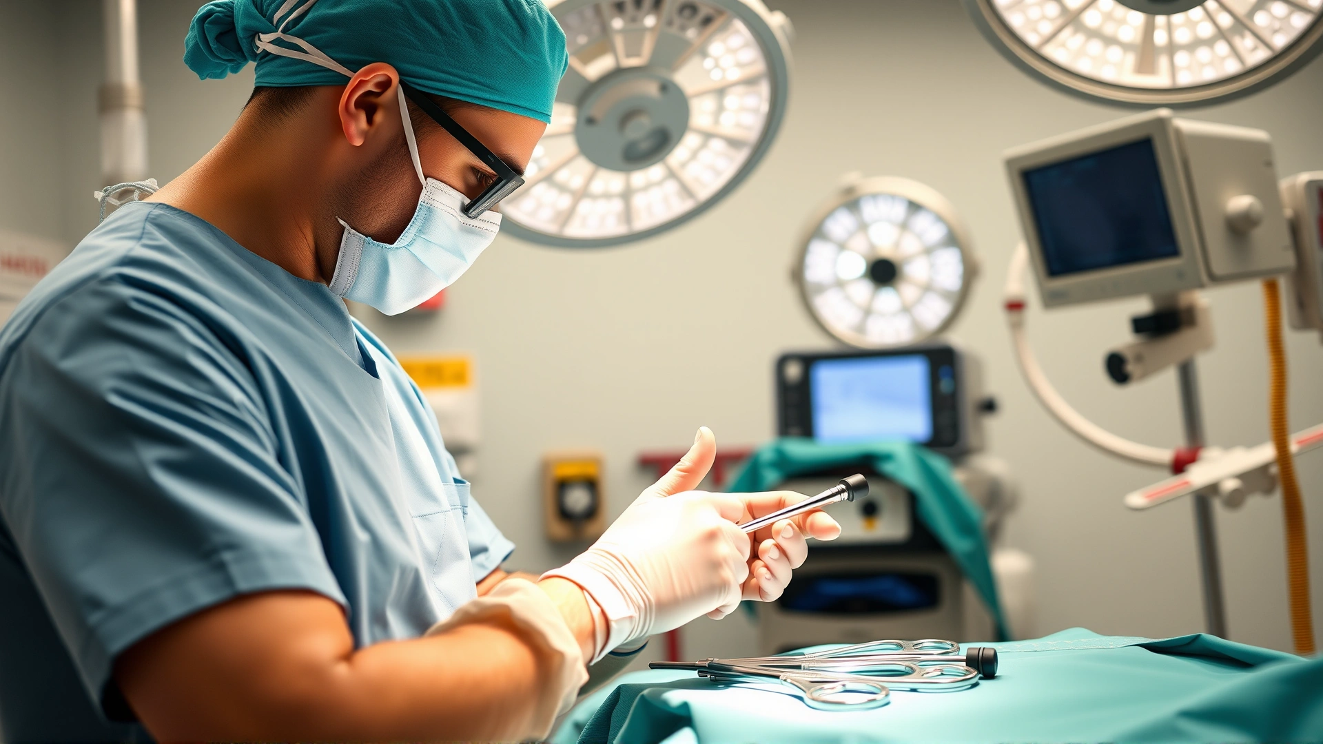 Veterinary surgeon in scrubs preparing laparoscopic instruments in an operating room before a canine gastropexy procedure; equipment in the background, sterile environment