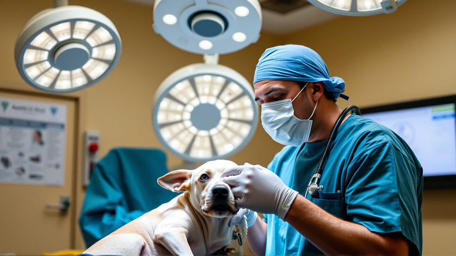 A veterinarian wearing surgical scrubs performing a spay procedure on a medium-sized dog in a sterile operating room, with surgical lights overhead.