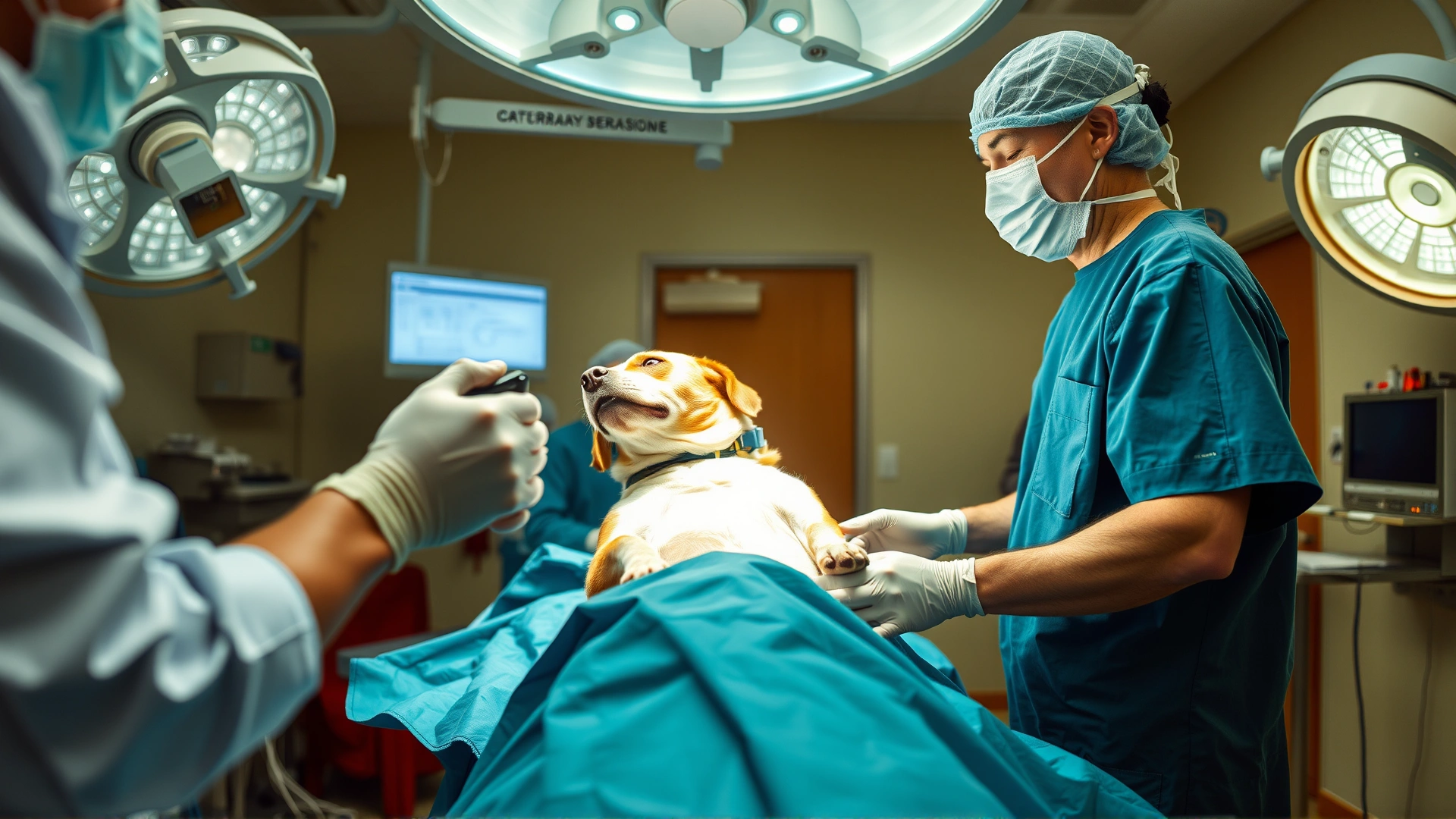 Moment captured inside an operating room where a veterinarian is performing a C-section on a dog, surgical drapes and assisting staff partially visible, respectful medical perspective.