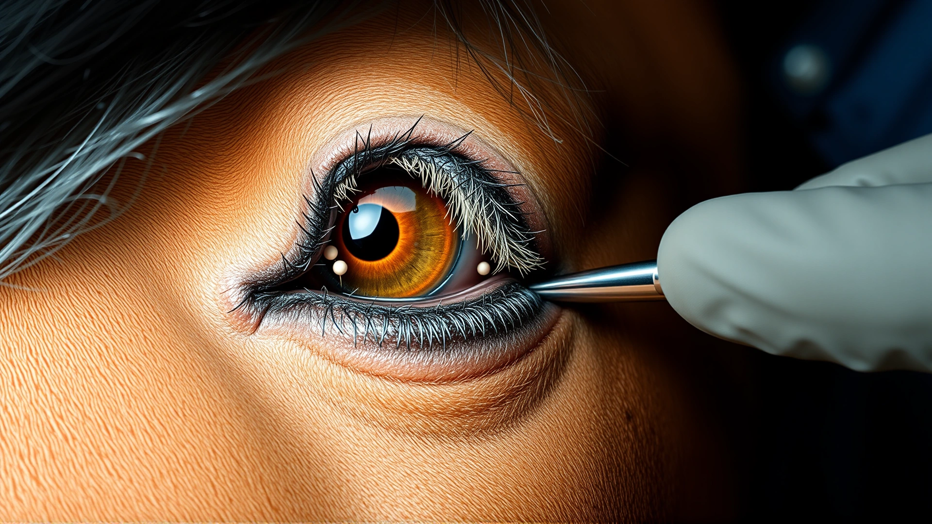 Illustrative but non-graphic photo of a sedated horse’s eyelid with fine sutures after entropion surgery, clean clinical setting