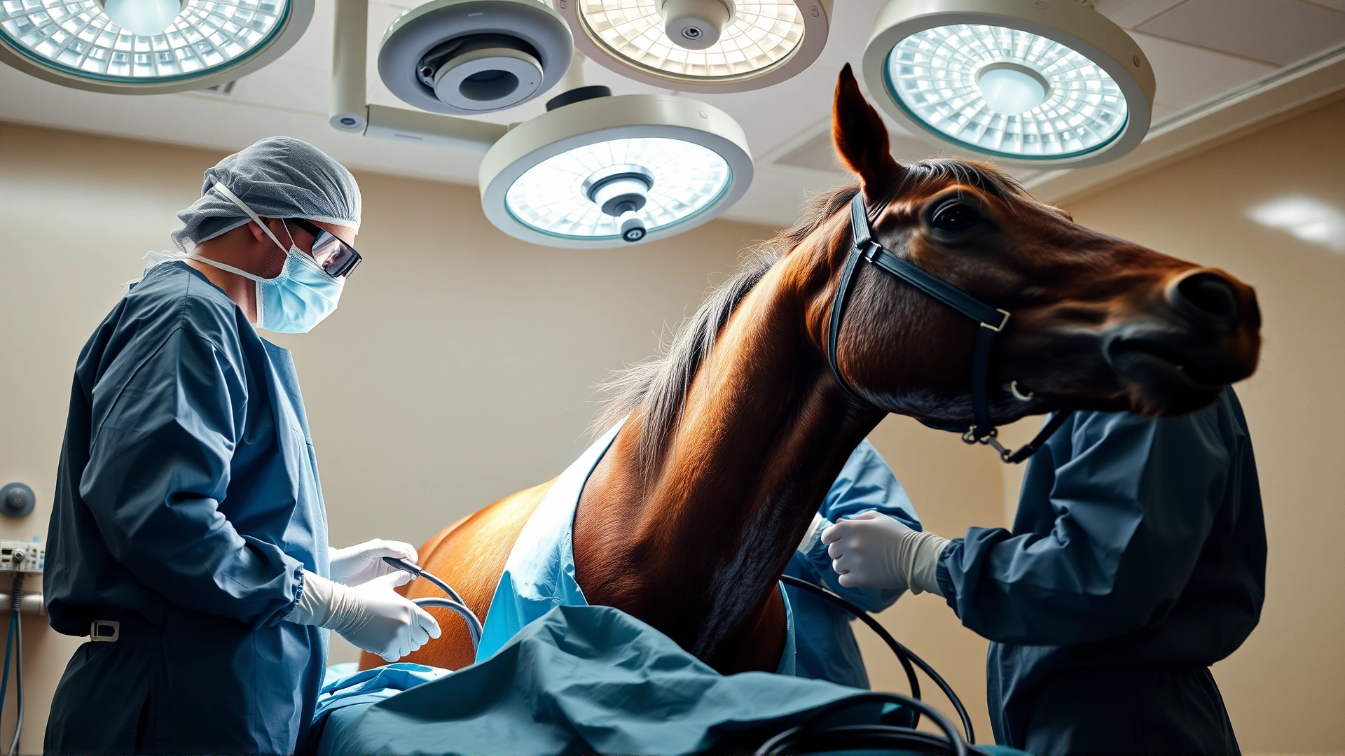 Veterinary surgical team performing check ligament desmotomy on a sedated horse in a sterile operating theatre with bright overhead lights.