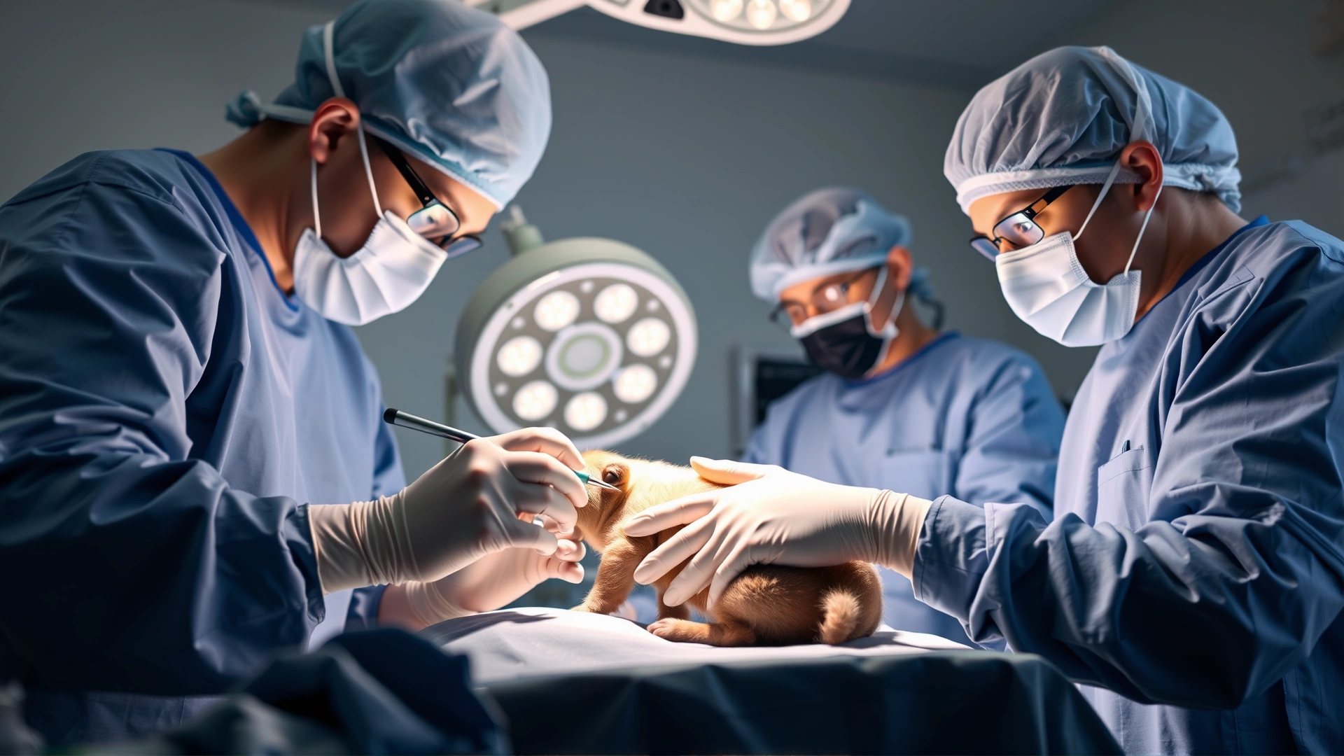 Sterile veterinary surgical suite with surgeons in scrubs performing surgery on a small animal under bright operating lights, focus on hands and instruments, no identifiable text