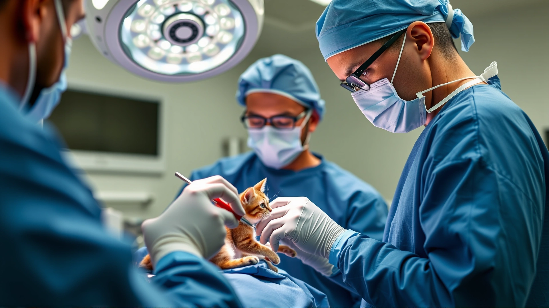 Veterinary surgical team in blue scrubs performing delicate neurosurgery on a cat under anesthesia in a sterile operating room, focus on precision instruments, no text