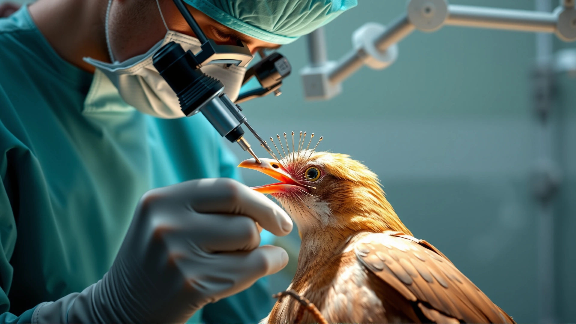 Operating room scene with an avian surgeon using magnifying loupes to insert tiny pins into a bird’s fractured bone.