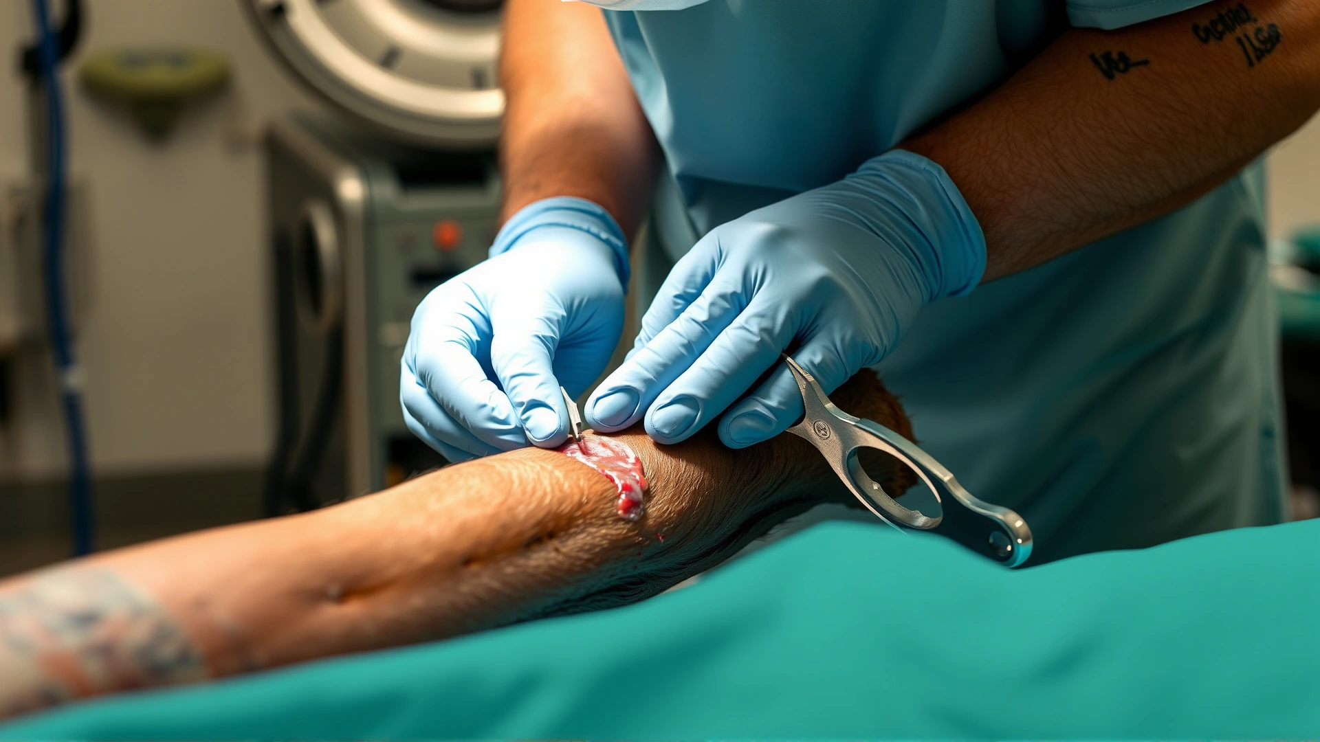 Action shot of a veterinarian in surgical attire gently trimming excess granulation tissue from a sedated horse's leg – instruments visible, no text