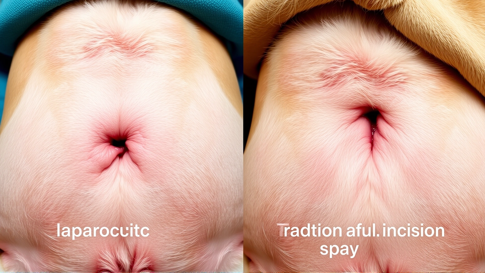 Side-by-side photo showing a dog's abdomen with a single small laparoscopic incision next to a longer traditional spay incision, both fully healed, no text.