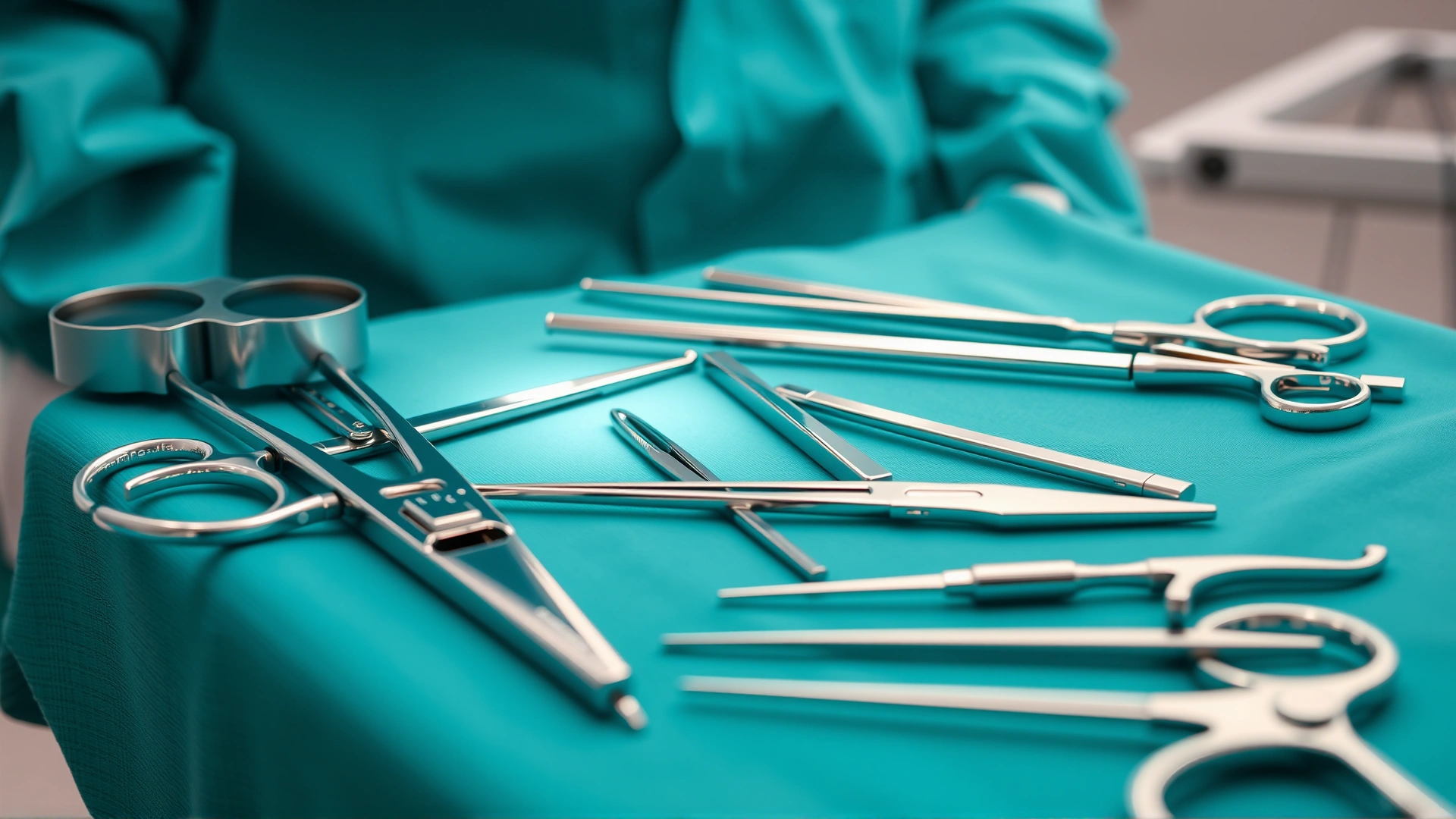 Sterile surgical instruments neatly arranged on a teal surgical drape inside an operating room, no text, high-detail macro shot