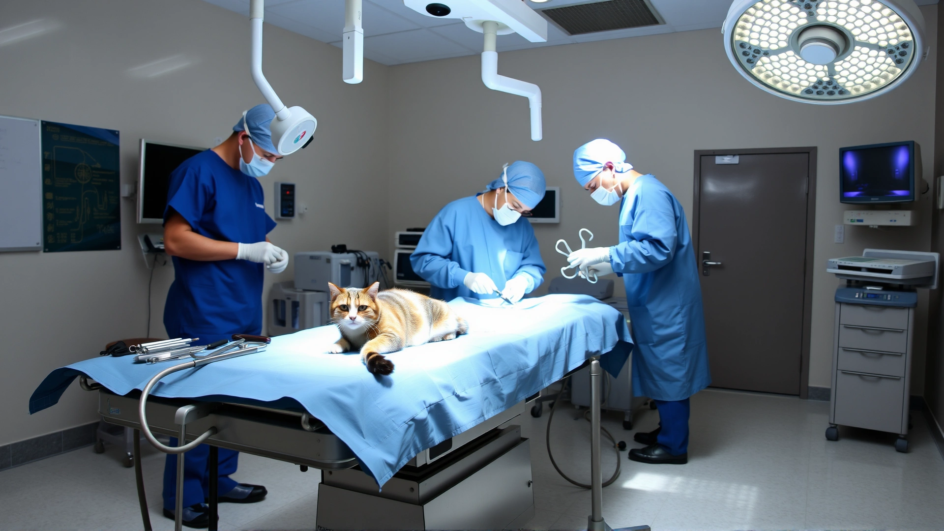 High-resolution photo of a sterile veterinary operating room with a cat under anesthesia on the surgical table, surgeons in blue scrubs preparing instruments, no visible blood