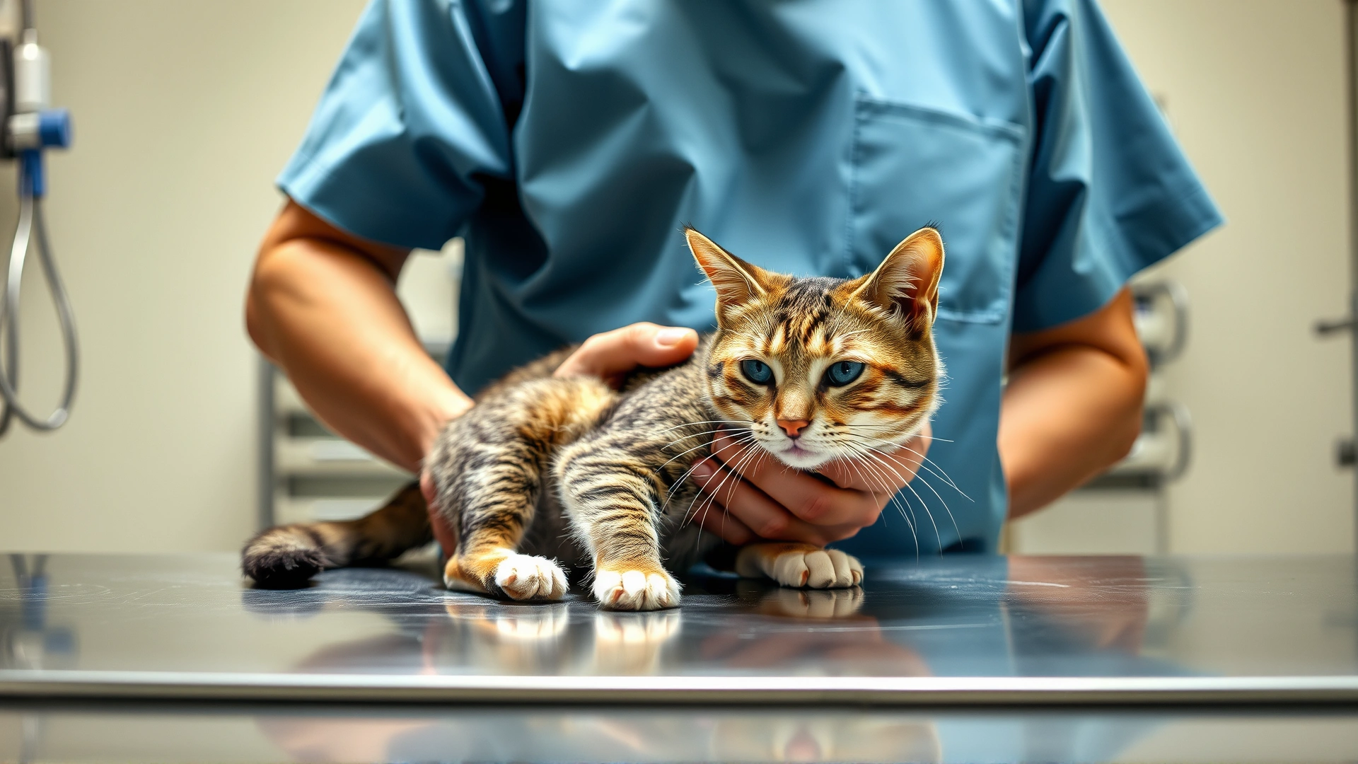Photograph of a veterinarian wearing scrubs and surgical cap gently holding a sedated female cat on a stainless steel surgical table, preparing for spay surgery. Clinical background with medical equipment slightly blurred.