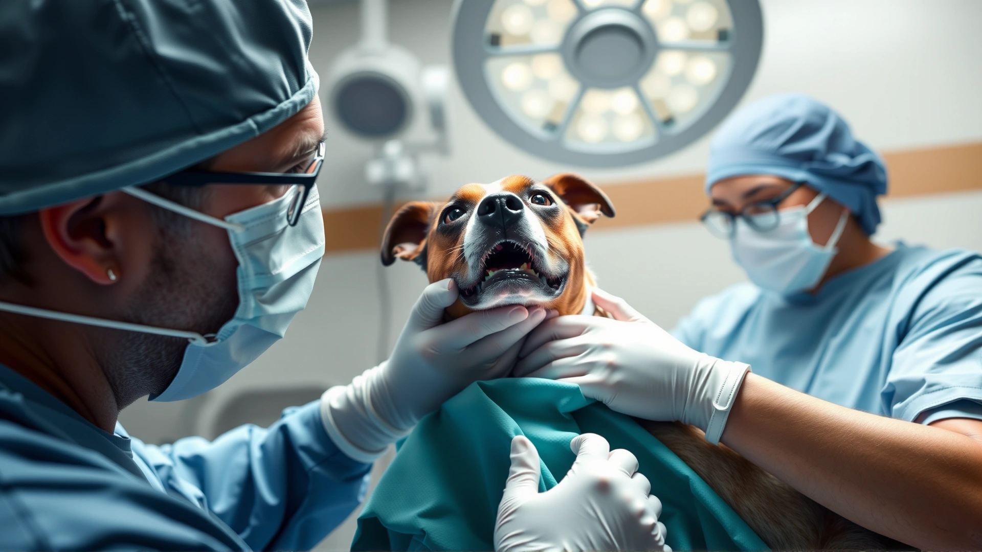 Surgeon in scrubs performing episioplasty on a sedated dog in a sterile operating room, no text visible.