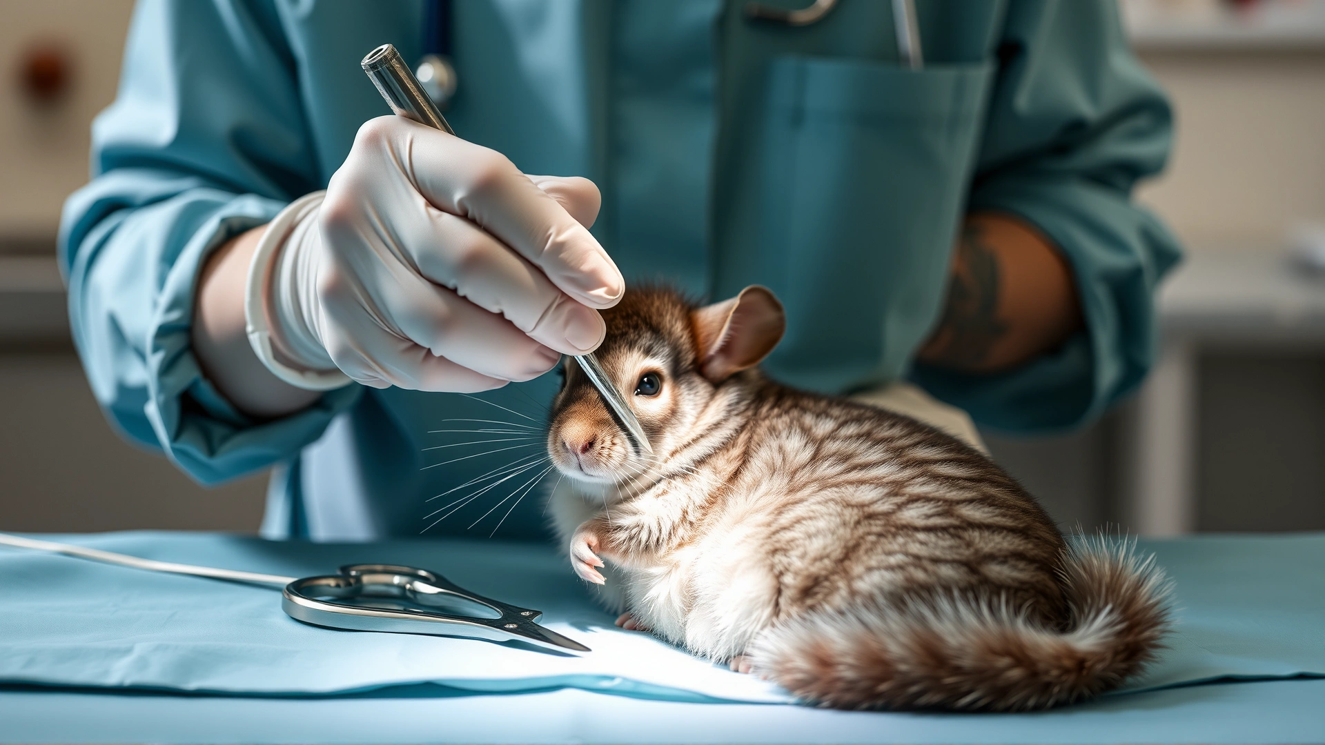 Veterinary surgeon wearing gloves performing a delicate surgical procedure on a chinchilla on an operating table