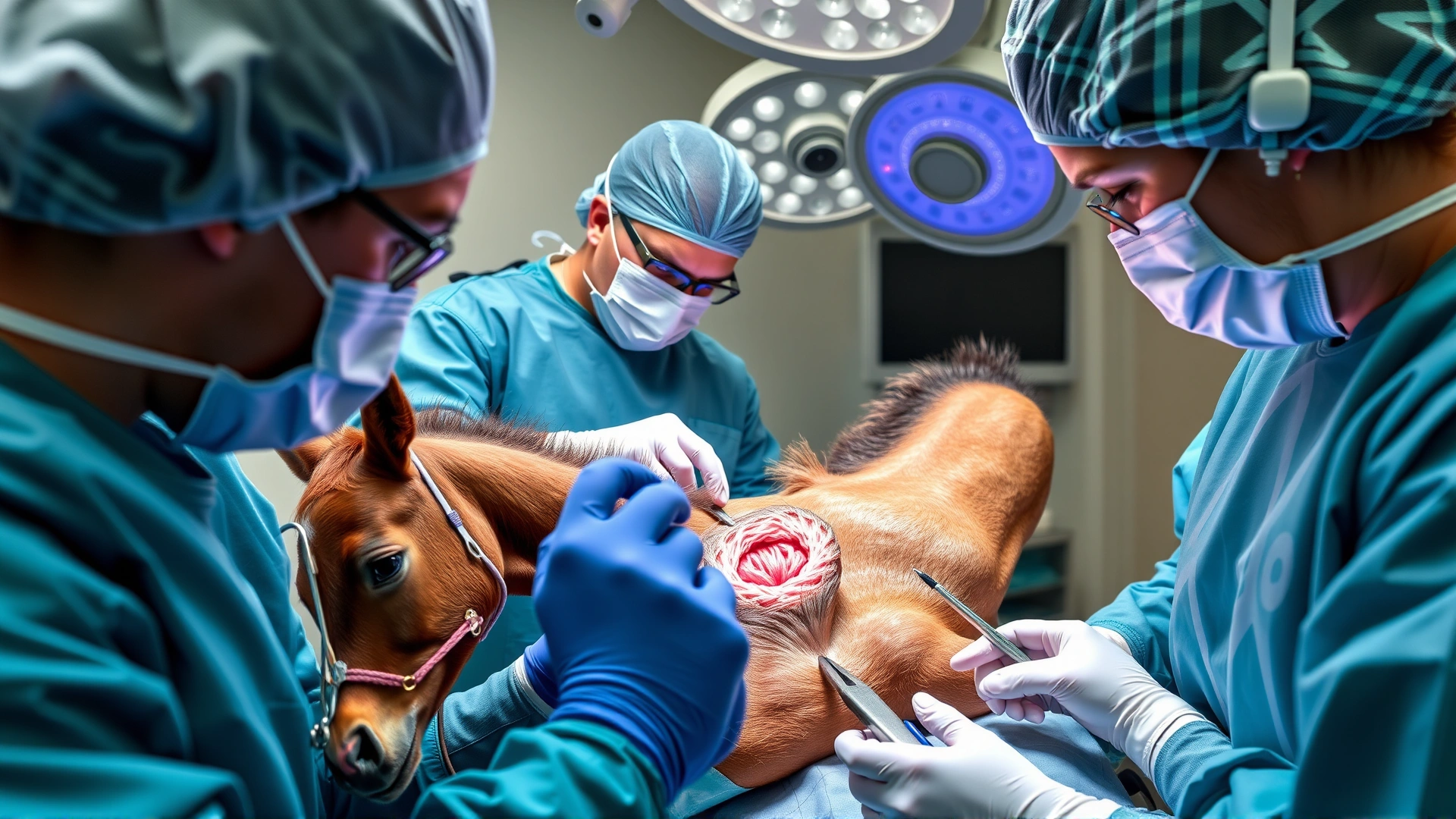 Equine surgical team performing a perineal anoplasty on a sedated foal in a sterile operating room, with focus on the surgical site and sterile instruments.