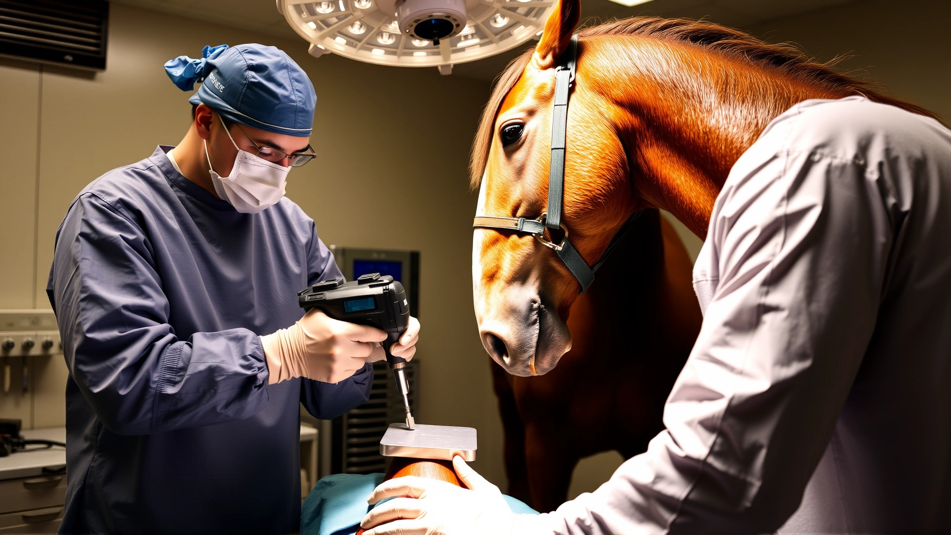 Operating room scene with an equine surgeon wearing sterile gown and mask, drilling a metal plate onto a horse’s limb under anesthesia, showing advanced surgical care.
