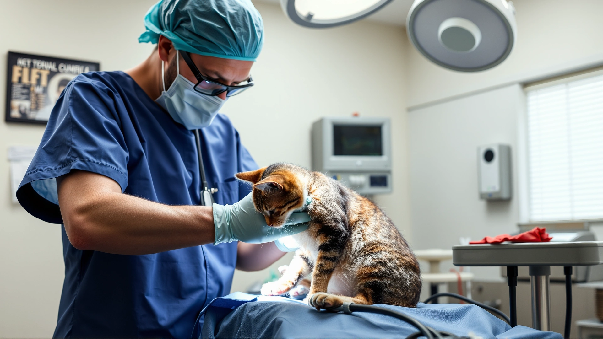 Veterinarian in surgical scrubs performing a minor paw surgery on a sedated cat in a sterile operating room; no visible blood