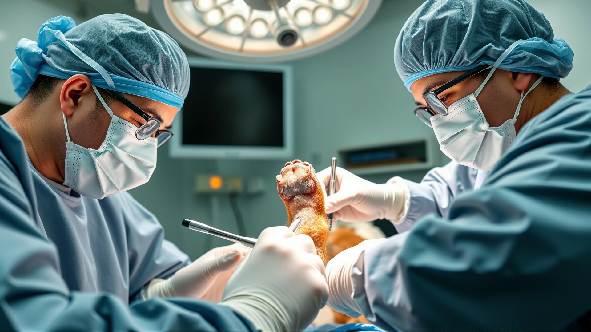 Sterile operating room scene where gloved veterinary surgeons perform delicate surgery on a dog's paw under bright surgical lights.