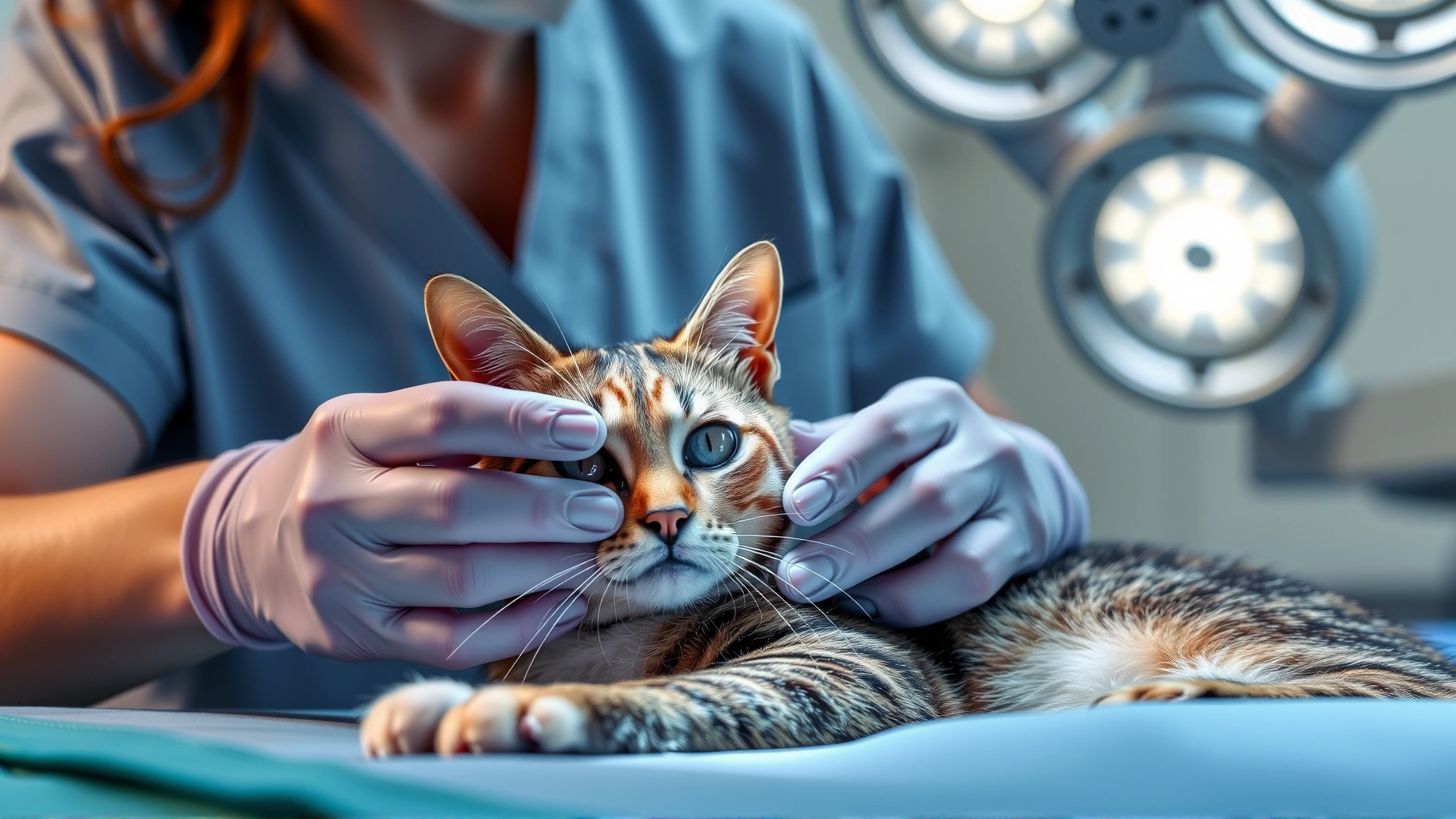 Veterinarian in sterile scrubs performing delicate eye surgery on an anesthetized cat, operating table with surgical lights, focus on the hands and cat’s eye area.