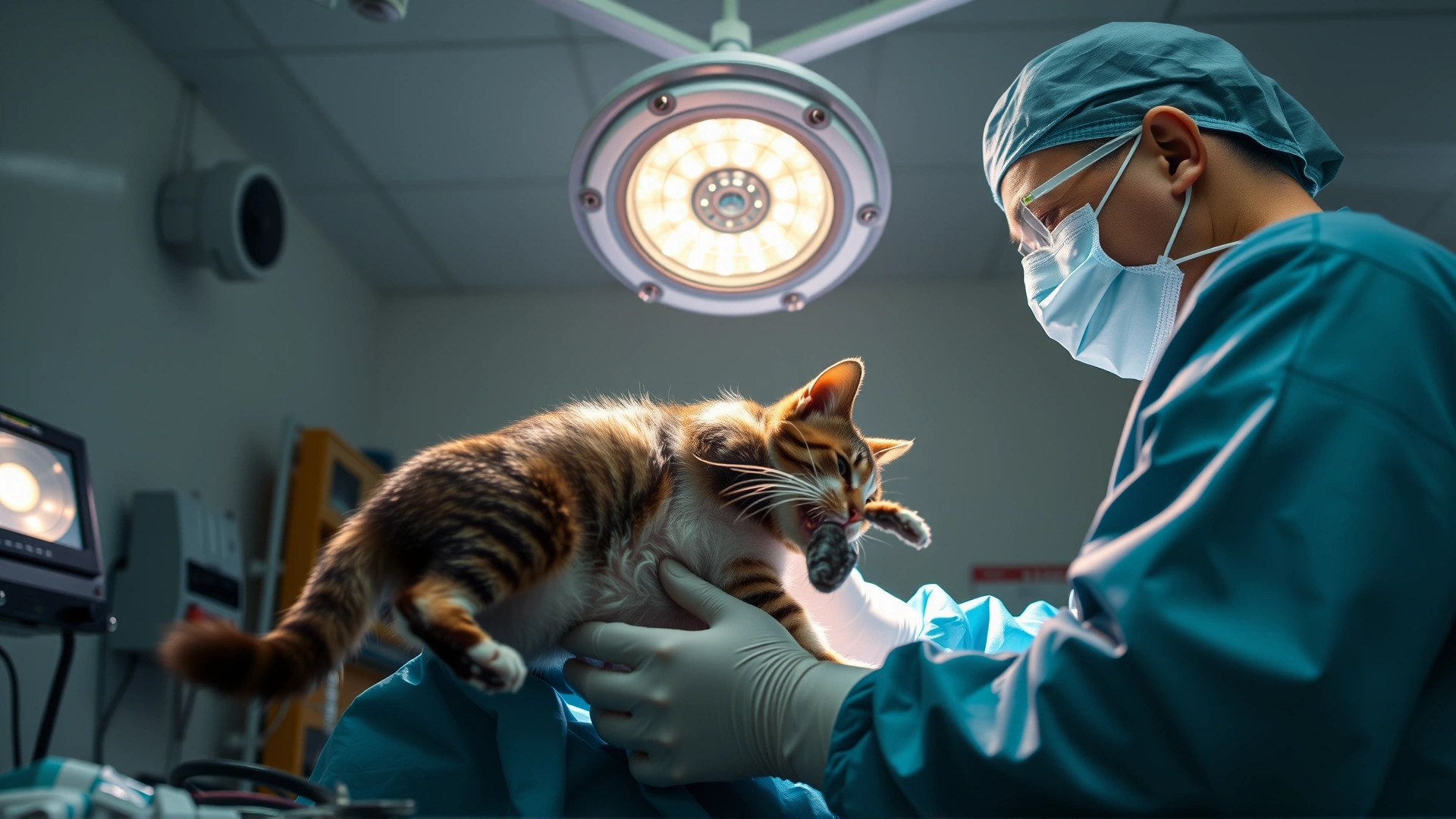 Sterile operating room scene with a veterinary surgeon performing abdominal surgery on a cat under anesthesia; bright surgical lights, instruments visible, no text.