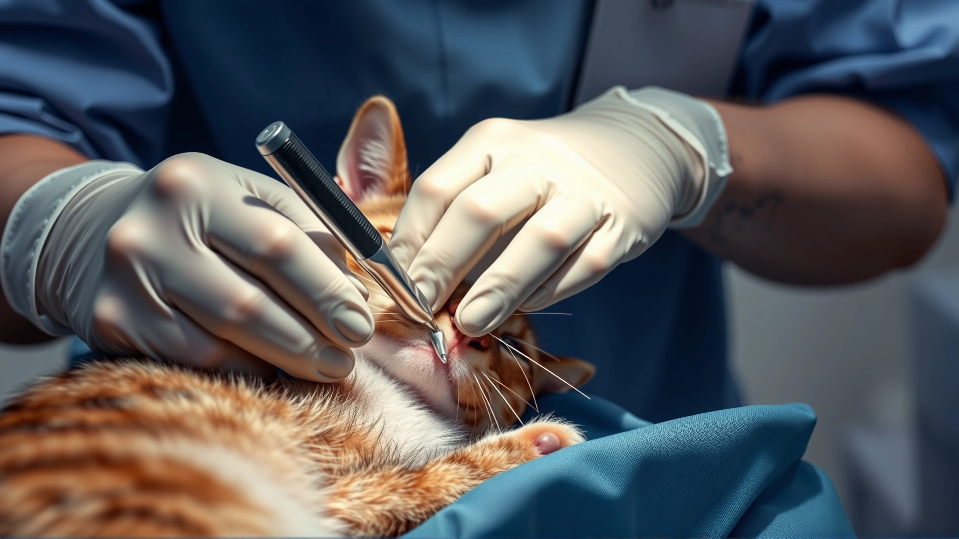 Veterinary surgeon wearing sterile gloves performing a minor skin excision on an anesthetized cat, close-up on the surgical field without any text or labels.