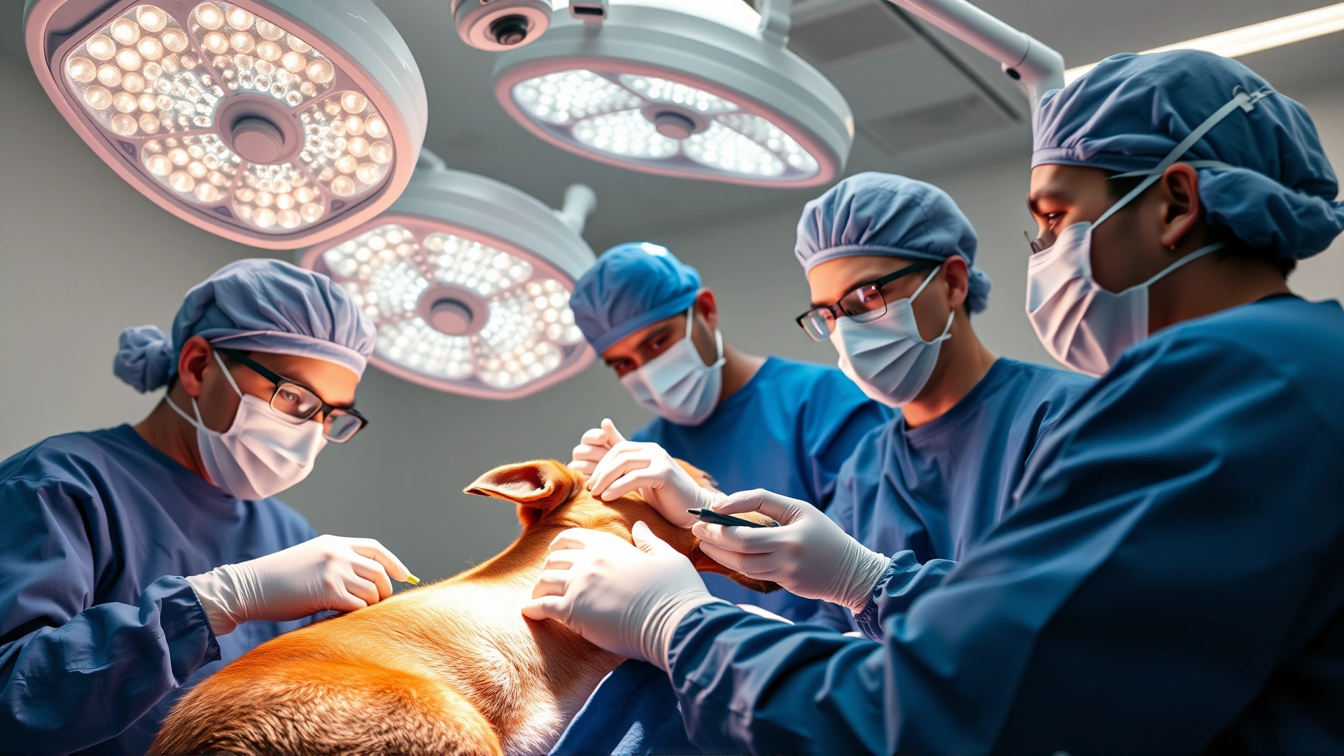 Veterinary surgical team performing an abdominal operation on a dog in a sterile operating room, surgical lights overhead