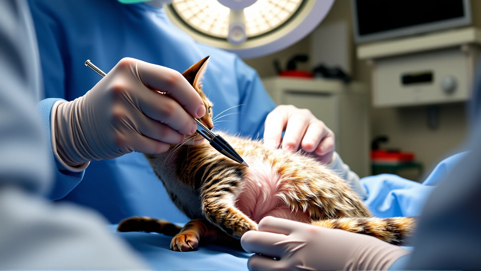 Operating room scene with veterinarian performing delicate feline urogenital surgery, instruments visible, focus on precision, no text