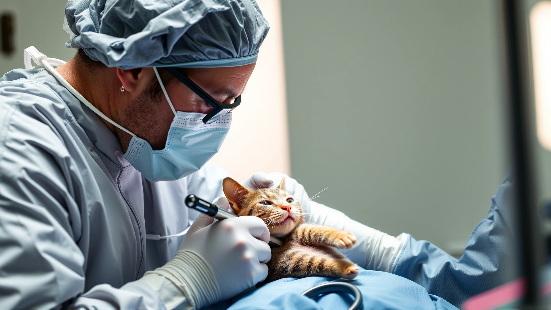 Veterinary surgeon in sterile attire performing a delicate procedure on a cat under anesthesia, surgical instruments visible but no graphic details