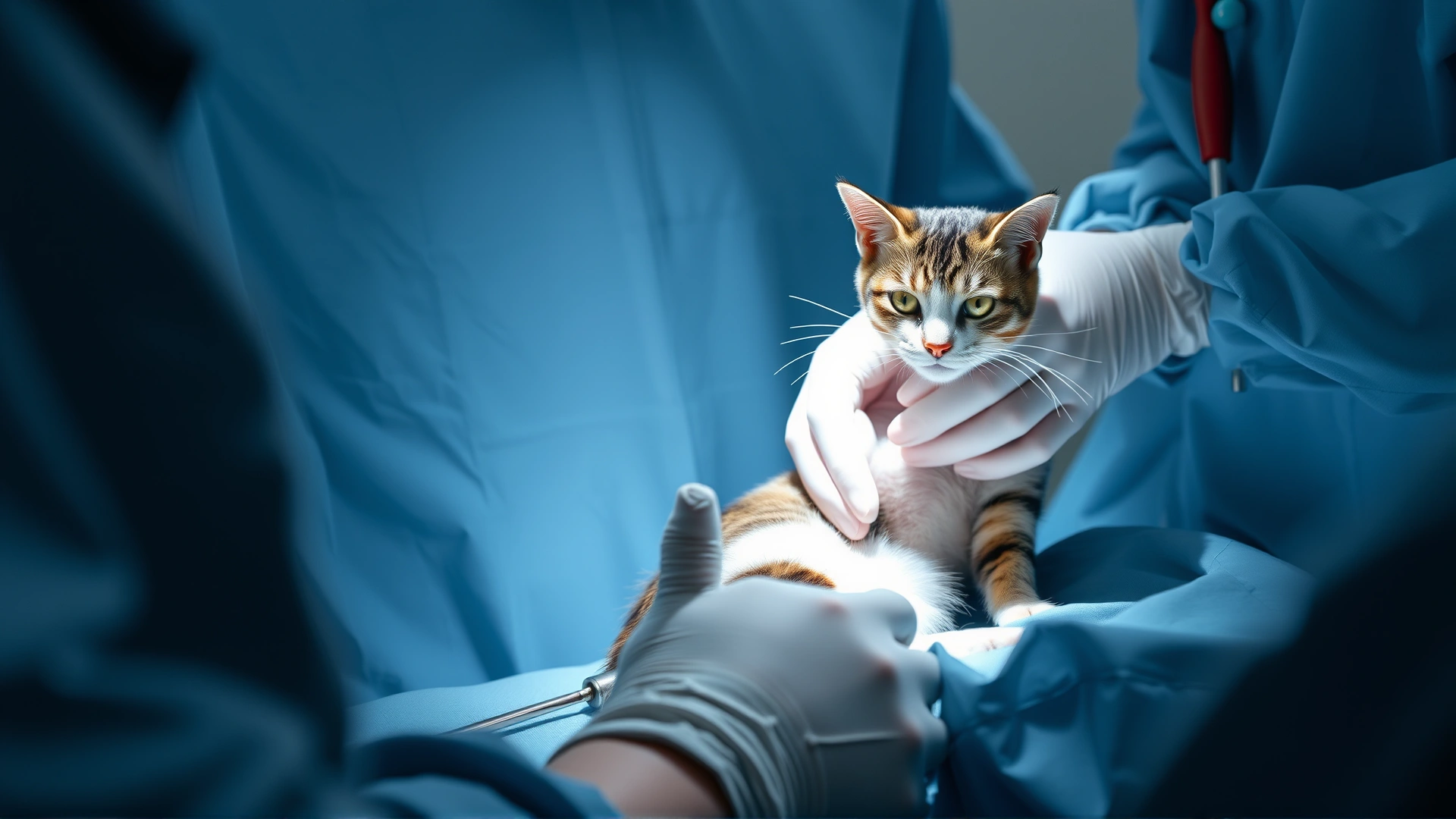 Sterile operating room scene showing gloved veterinary surgeon’s hands operating on a cat’s bladder with surgical drapes and instruments, no text visible.