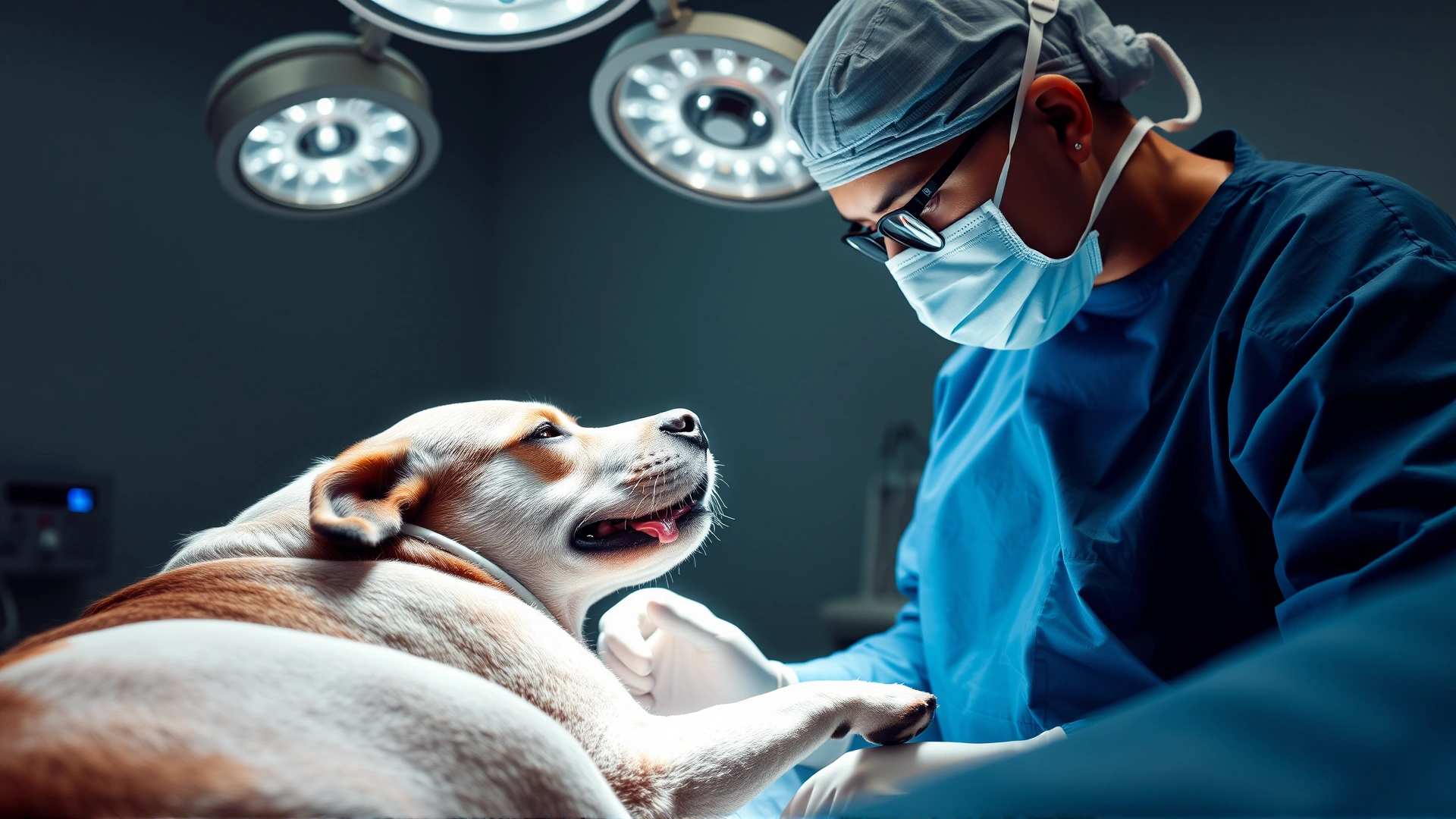 Sterile operating room scene where a veterinary surgeon wearing surgical gown and mask removes a mass from an anesthetized dog under bright surgical lights.