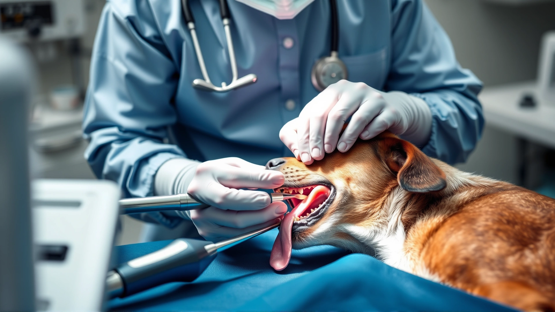 Veterinarian performing tooth extraction surgery on a sedated dog, operating table with dental tools visible, focus on action, no text